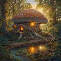 Mushroom House Giant Pond Water Forest Pumpkins artwork picture digital download